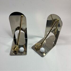 Golf Theme Bookends Metal Gold Tone Golf Club & Ball Shiny Golfer Man Cave